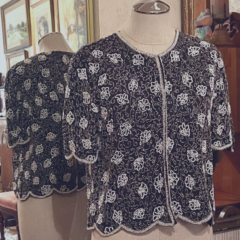 VINTAGE STENAY BEADED SILK JACKET, SIZE M, BLACK